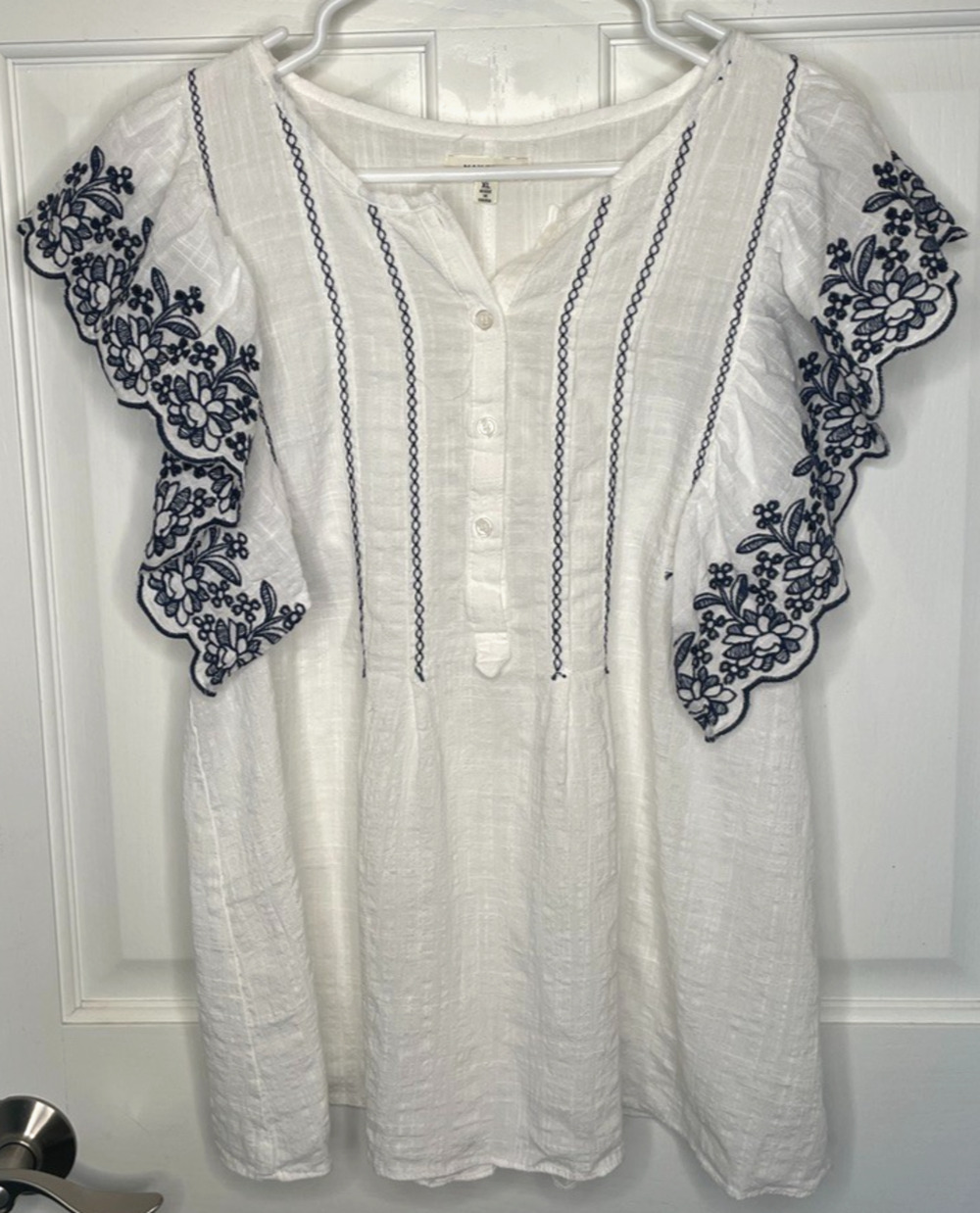 Max Studio Women's Embroidered Flutter Sleeve Top Sz XL Blouse Cotton Rayon Boho